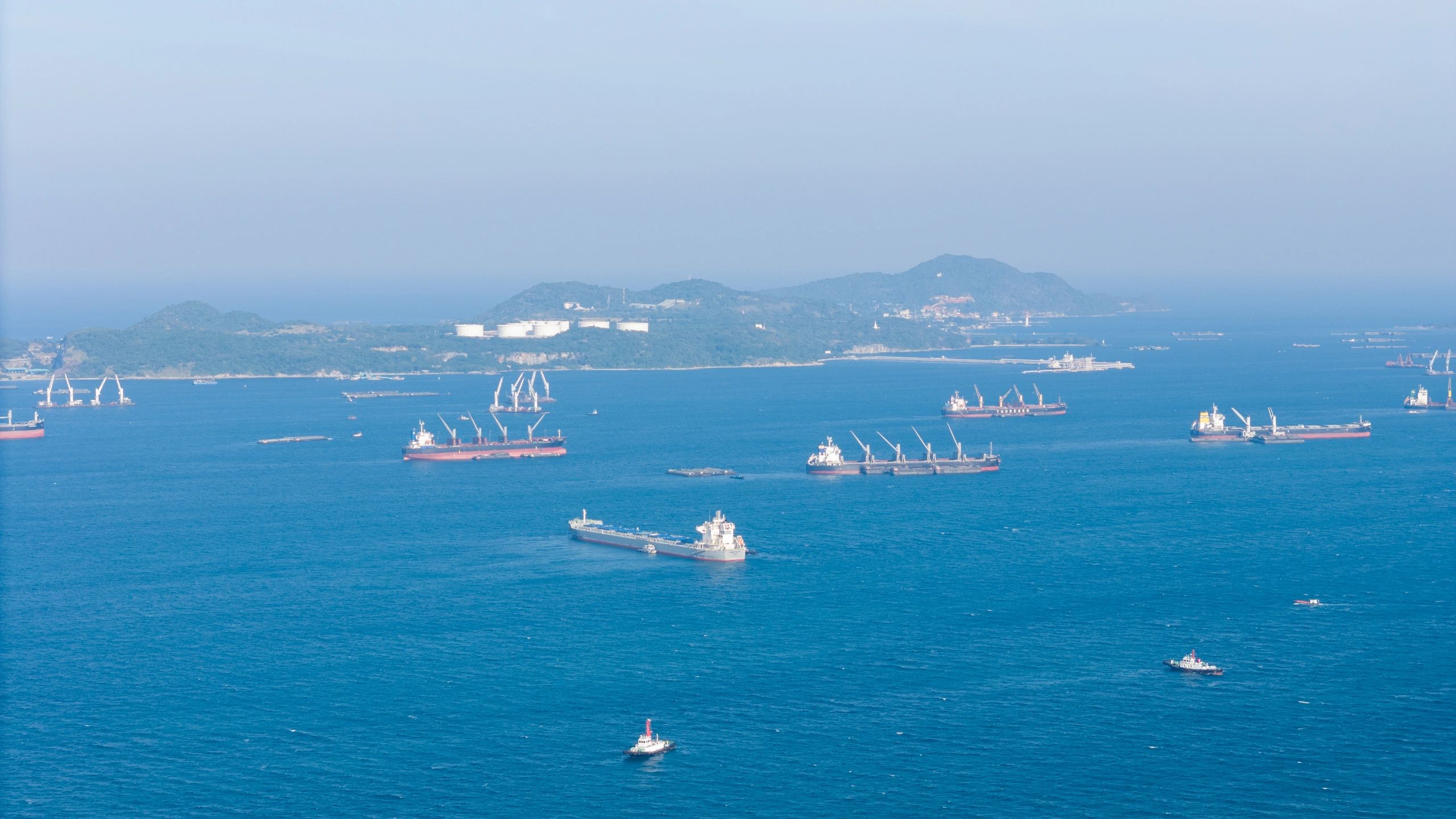 Cargo ships anchored near coastal oil storage tanks